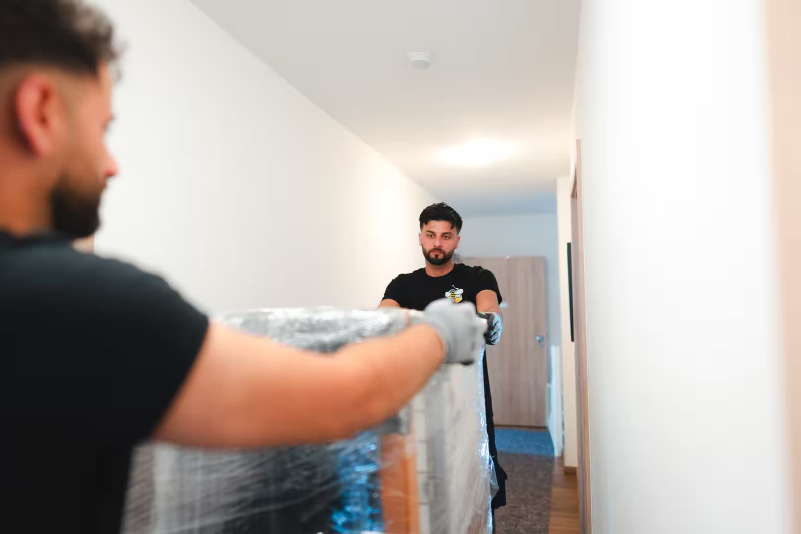 Mitarbeiter von Biene Umzüge beim professionellen Firmenumzug mit sicherem Transport von Büromöbeln in Regensburg und Hamburg